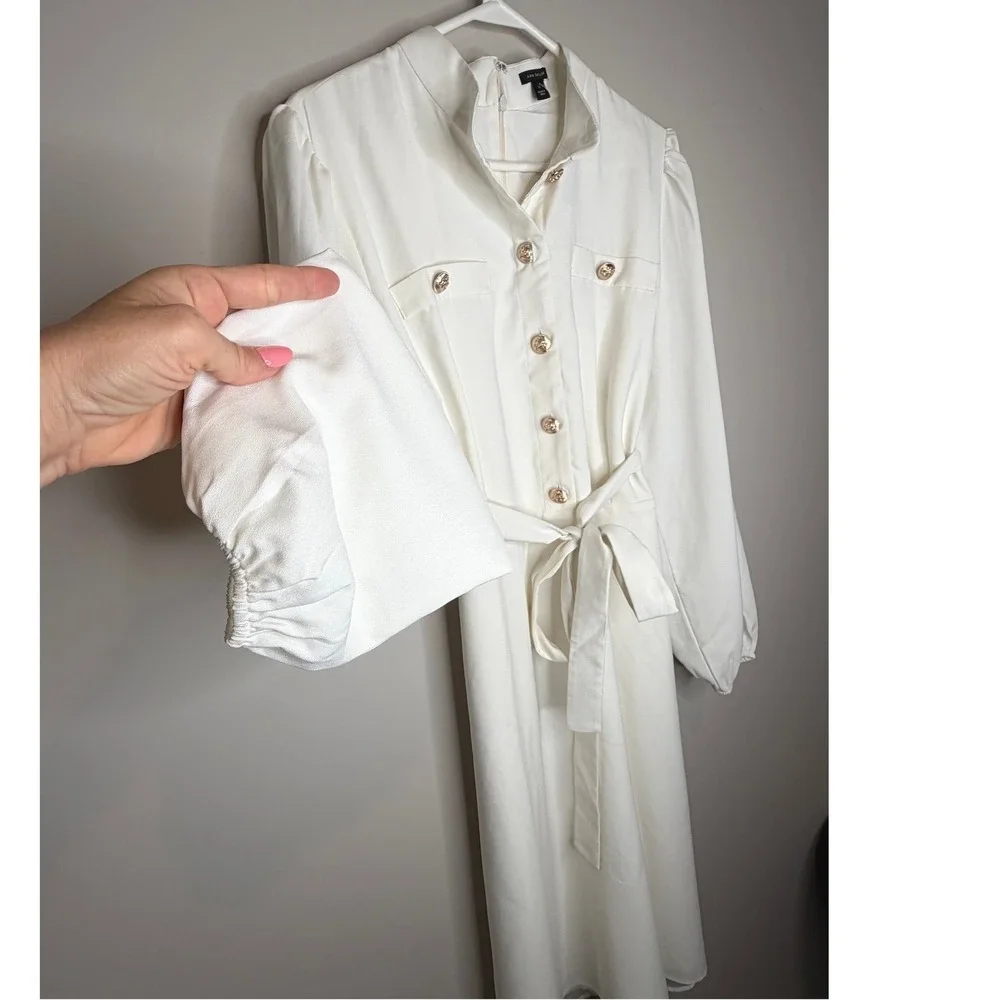 Ann Taylor Ivory Gold Button Tie Waist Midi Dress Old Money Career - Picture 4 of 11
